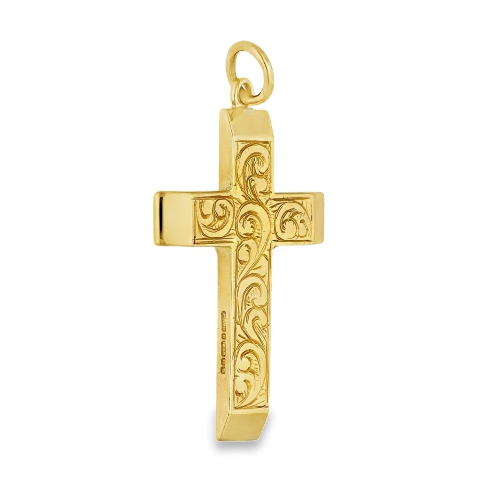 9ct Yellow Gold Feather Engraved Cross Pendant - 21x34x2mm -5.7g