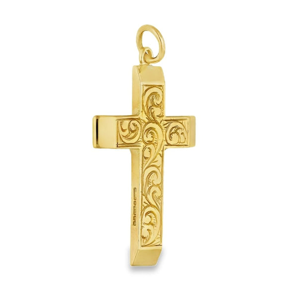 9ct Yellow Gold Feather Engraved Cross Pendant - 21x34x2mm -5.7g