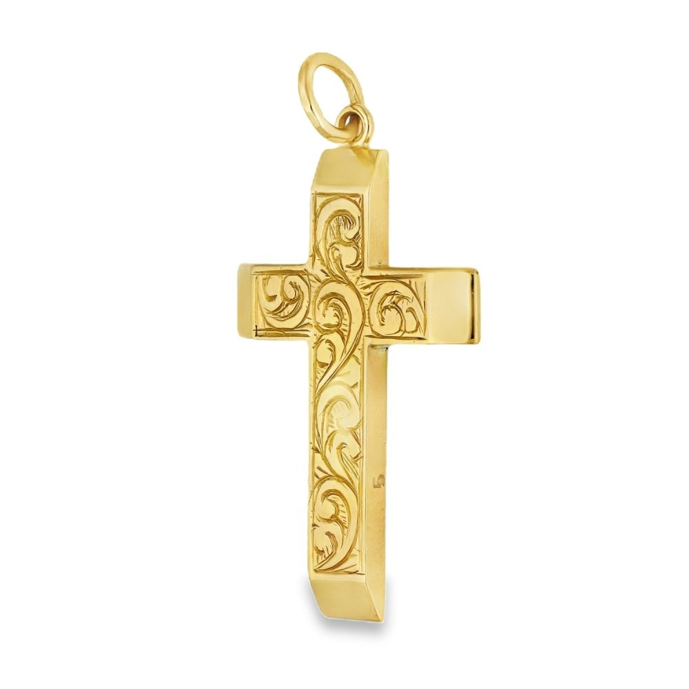 9ct Yellow Gold Feather Engraved Cross Pendant - 21x34x2mm -5.7g