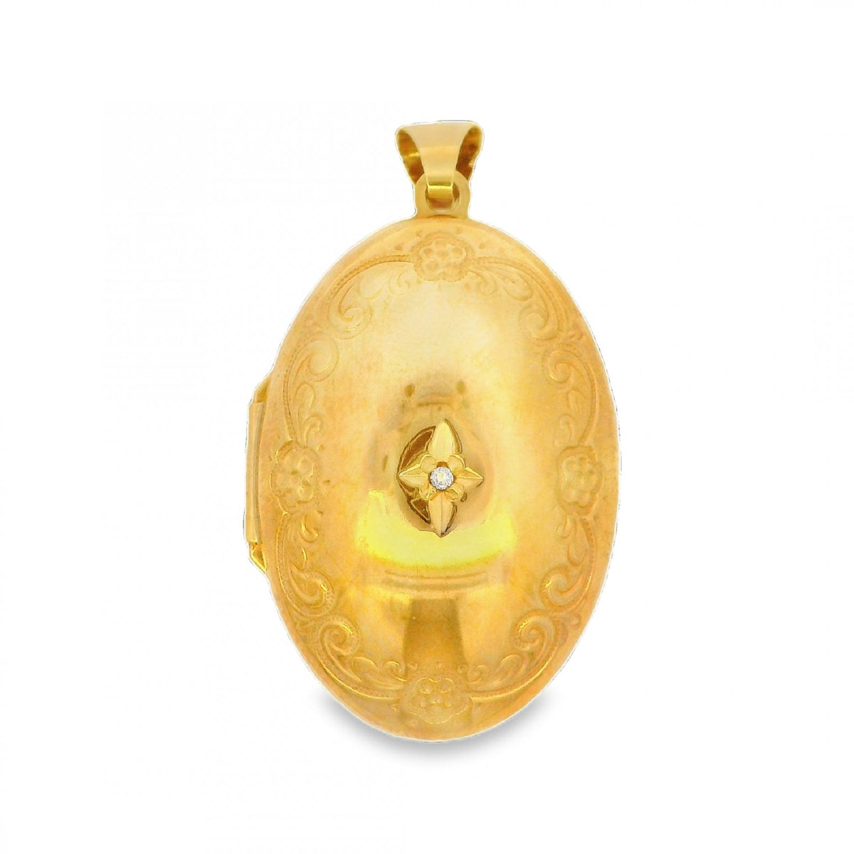 9ct Yellow Gold Diamond Set Engraved Locket - 23x35x13mm - 4.5g