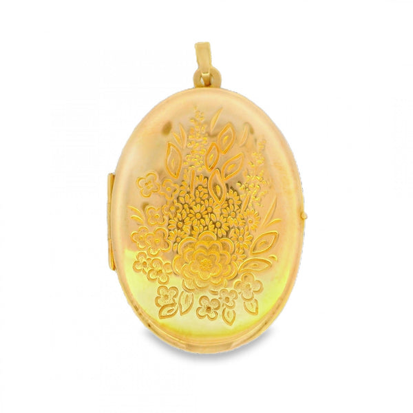 9ct Yellow Gold Flower & Leaf Engraved Locket - 29x41x6mm - 5.8g