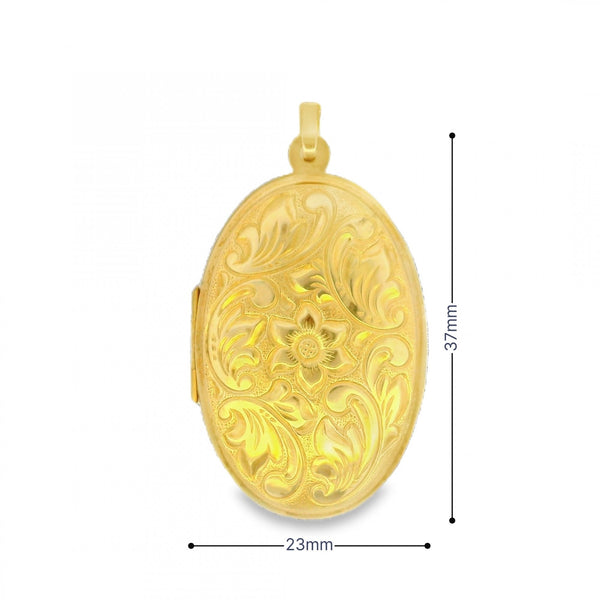 9ct Yellow Gold Flower & Feather Engraved Locket - 23x37x7mm