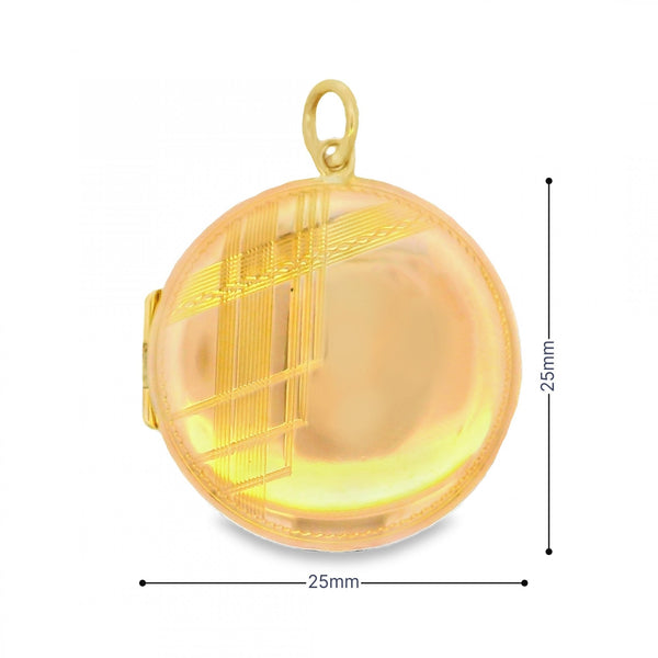 Ladies 9ct Yellow Gold Engraved Round Locket - 25x25x5mm - 3.8g
