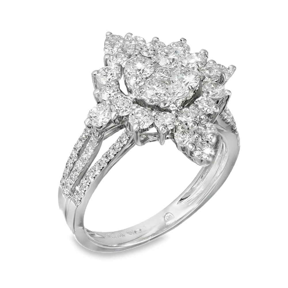 18ct White Gold Diamond Cluster Ring - Size L - 1.68ct