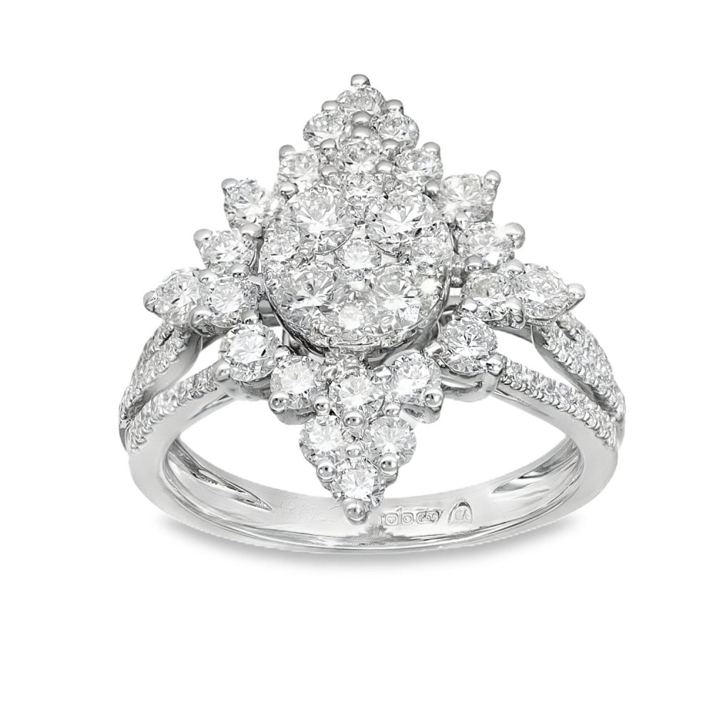 18ct White Gold Diamond Cluster Ring - Size L - 1.68ct