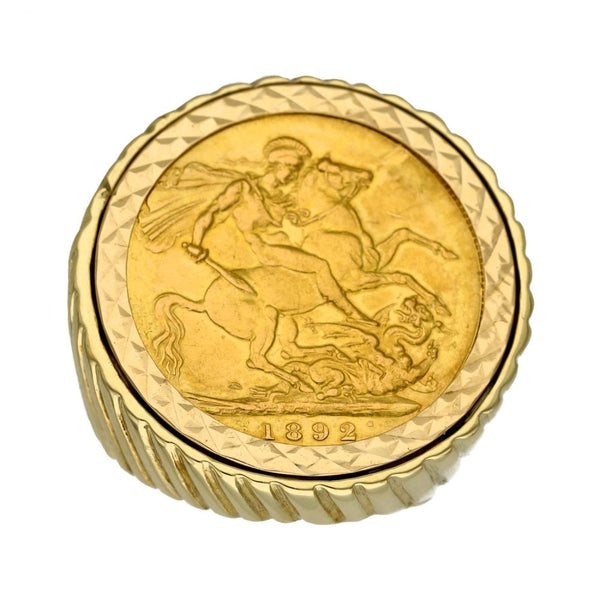 1892 Yellow Gold Full Sovereign Coin Ring - Size Q - 18.9g