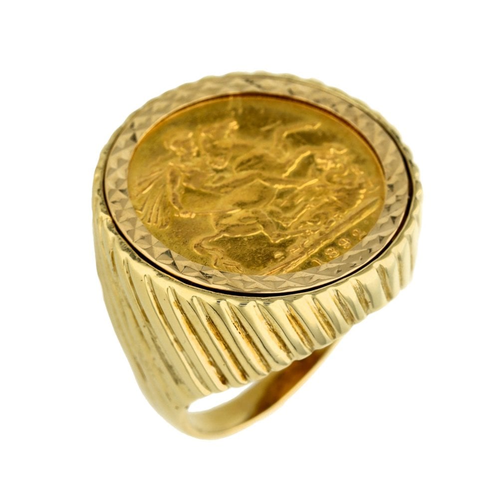 1892 Yellow Gold Full Sovereign Coin Ring - Size Q - 18.9g