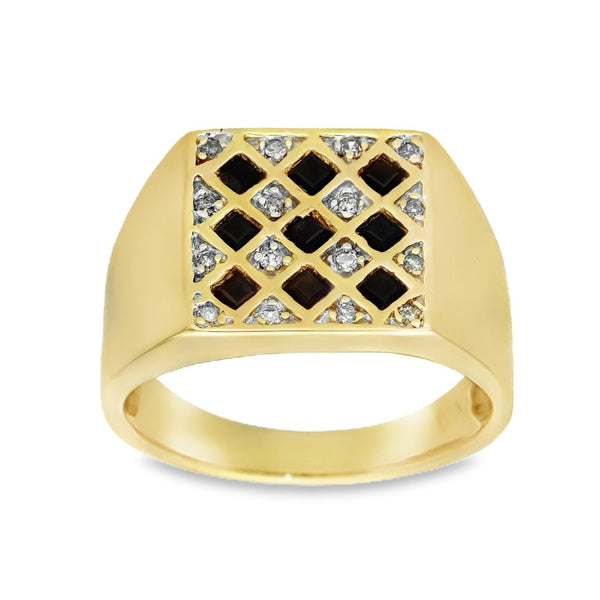 Gents 9ct Yellow Gold Sapphire & Diamond Signet Ring - Size R