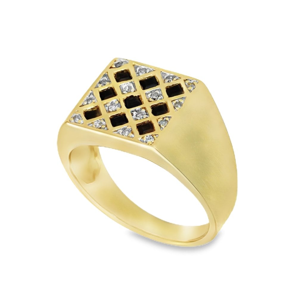 Gents 9ct Yellow Gold Sapphire & Diamond Signet Ring - Size R