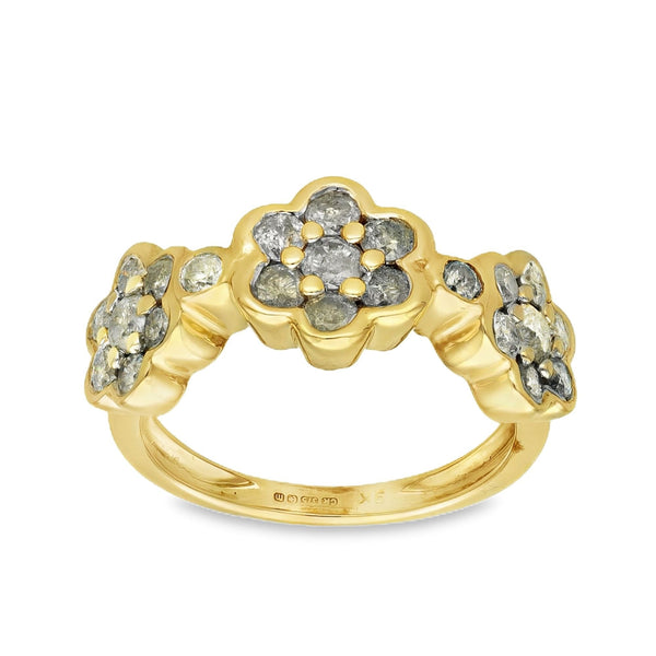 9ct Yellow Gold Triple Diamond Cluster Flower Ring - 1.15ct