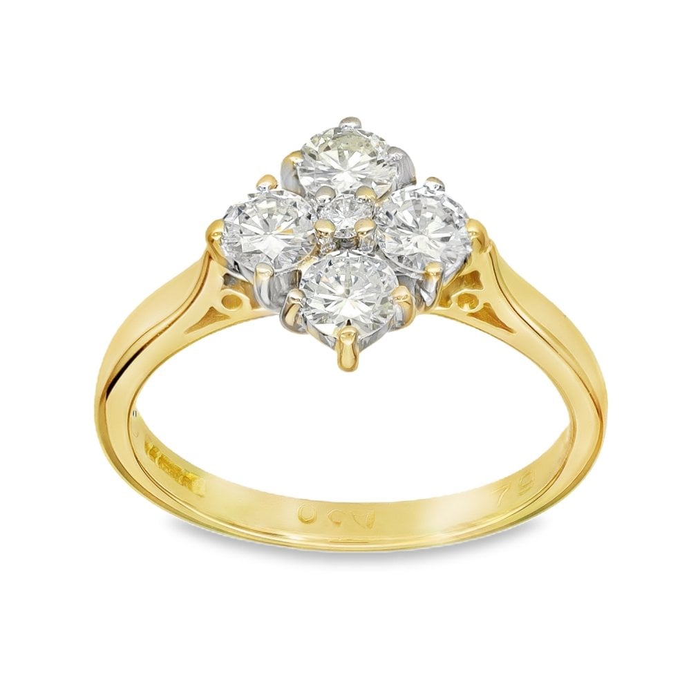 18ct Yellow Gold Diamond Clover Cluster Ring - Size L½ - 0.79ct