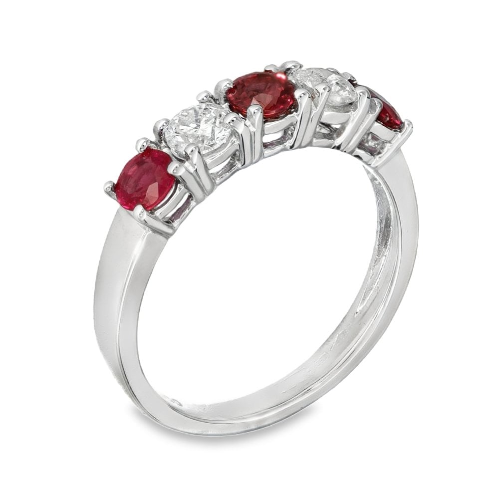 18ct White Gold Ruby & Diamond Half-Eternity Ring - Size N