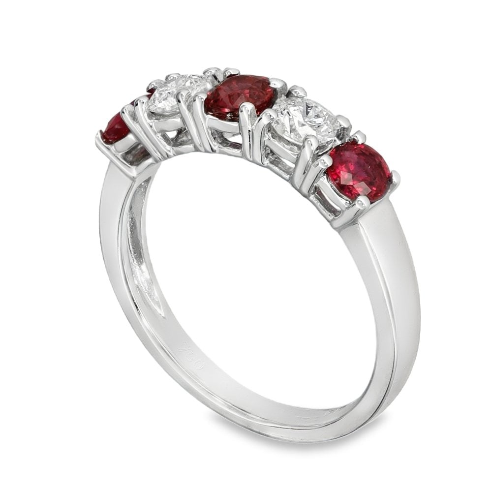 18ct White Gold Ruby & Diamond Half-Eternity Ring - Size N
