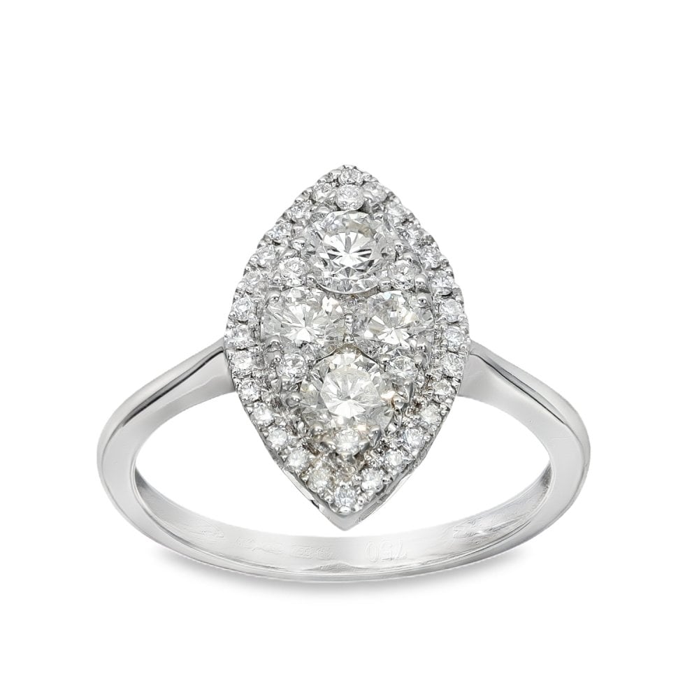 18ct White Gold Diamond Marquise Cluster Ring - Size N - 1.01ct