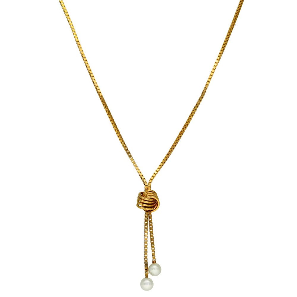 9ct Yellow Gold Pearl Drop & Knot Box Chain - 17" - 2.5g