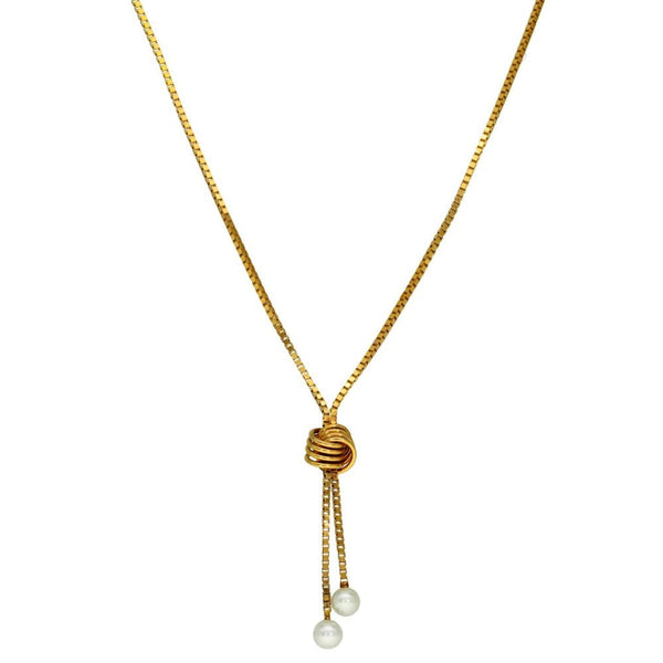 9ct Yellow Gold Pearl Drop & Knot Box Chain - 17" - 2.5g