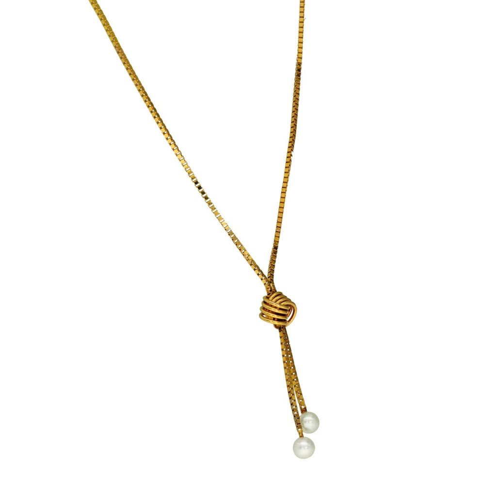9ct Yellow Gold Pearl Drop & Knot Box Chain - 17" - 2.5g