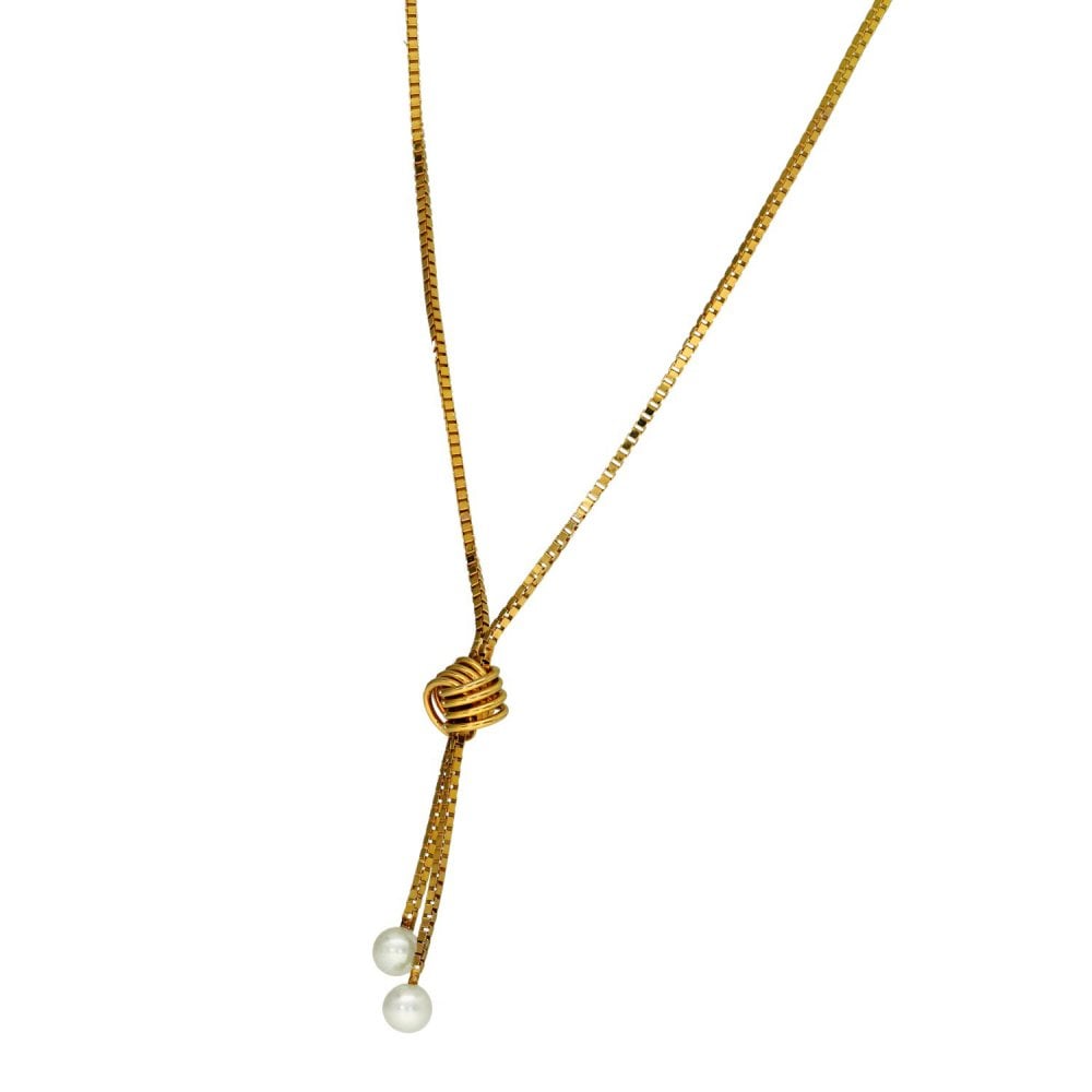 9ct Yellow Gold Pearl Drop & Knot Box Chain - 17" - 2.5g