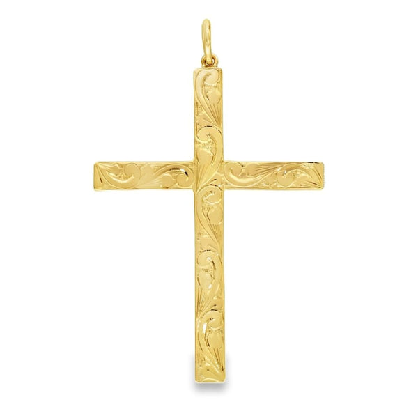 9ct Yellow Gold Engraved Cross Pendant - 38x53x2mm - 11.3g