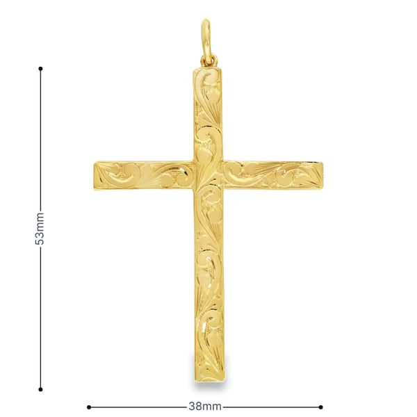 9ct Yellow Gold Engraved Cross Pendant - 38x53x2mm - 11.3g