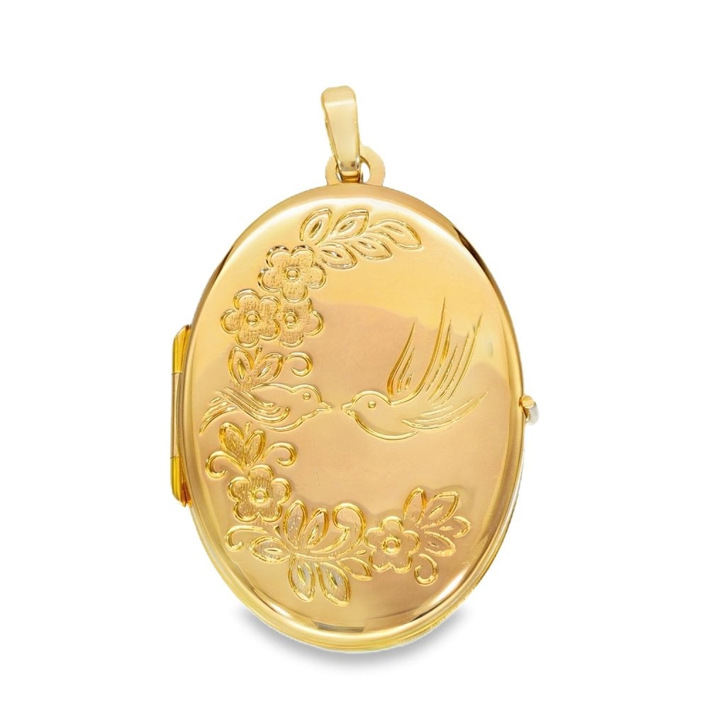 9ct Yellow Gold Dove & Flower Locket - 21x30x5mm - 3.2g