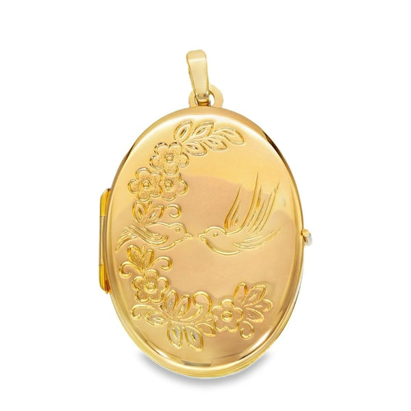 9ct Yellow Gold Dove & Flower Locket - 21x30x5mm - 3.2g