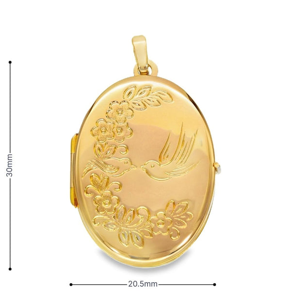 9ct Yellow Gold Dove & Flower Locket - 21x30x5mm - 3.2g