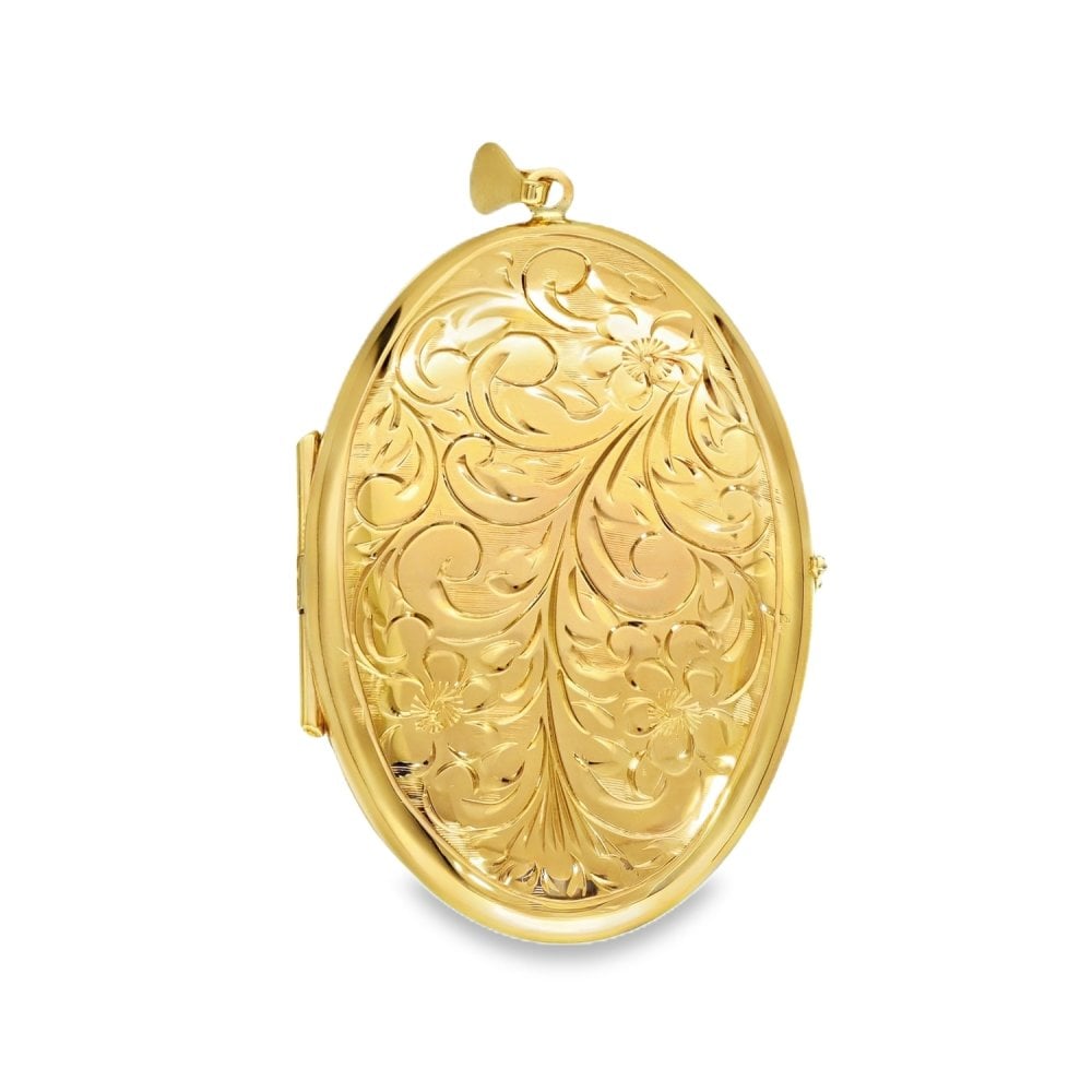 9ct Yellow Gold Flower & Feather Engraved Locket - 26x40x7.5mm