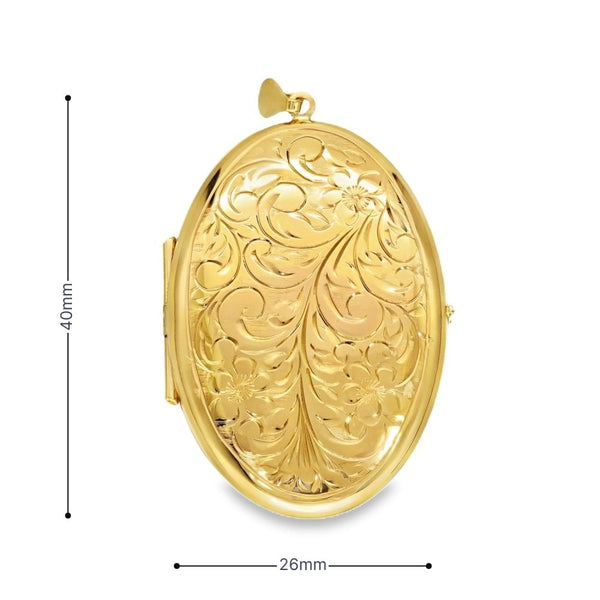 9ct Yellow Gold Flower & Feather Engraved Locket - 26x40x7.5mm