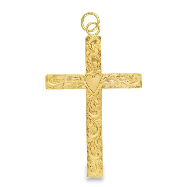 9ct Yellow Gold Heart & Feather Cross Pendant - 33x50x3mm - 5.6g