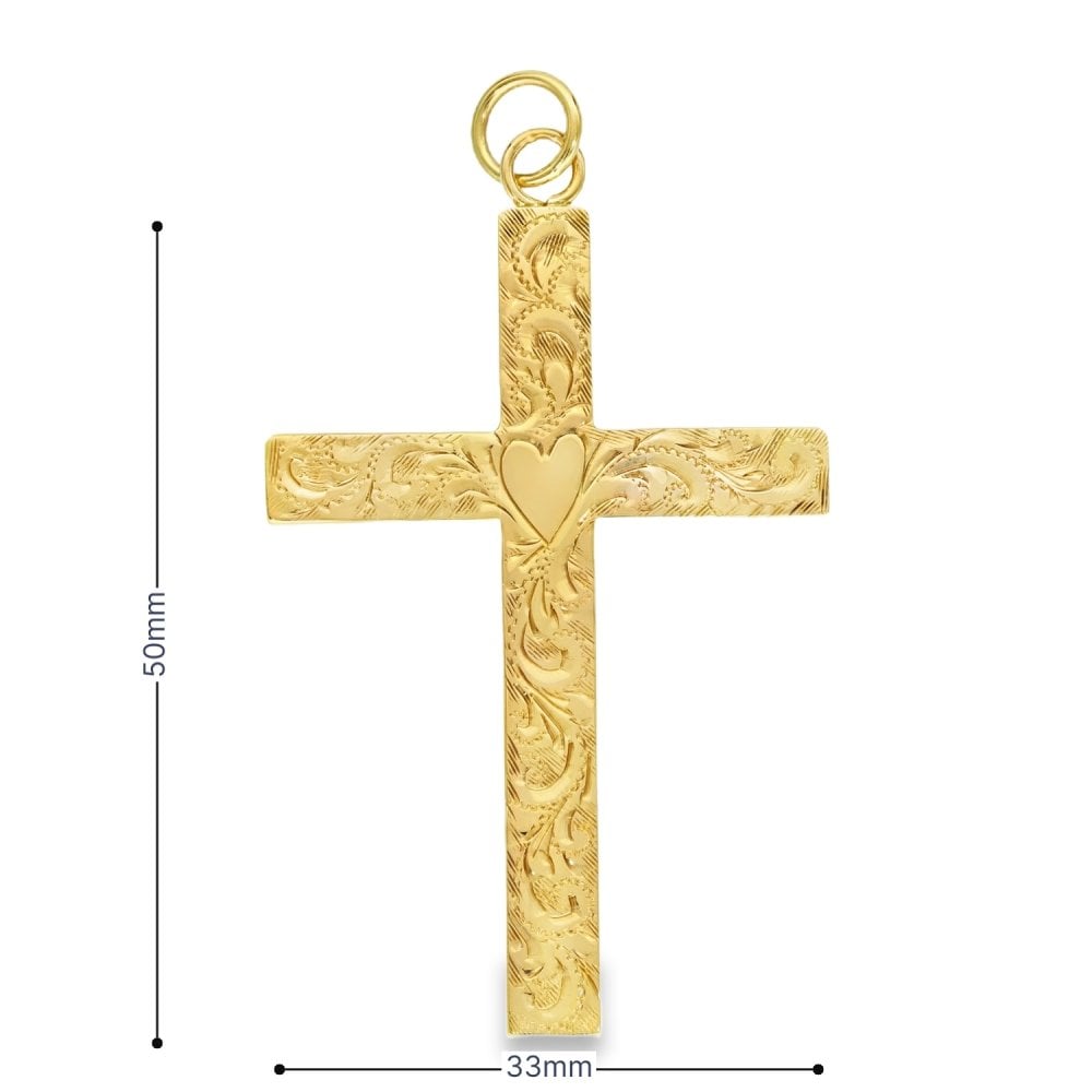 9ct Yellow Gold Heart & Feather Cross Pendant - 33x50x3mm - 5.6g