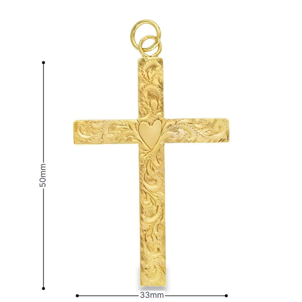 9ct Yellow Gold Heart & Feather Cross Pendant - 33x50x3mm - 5.6g