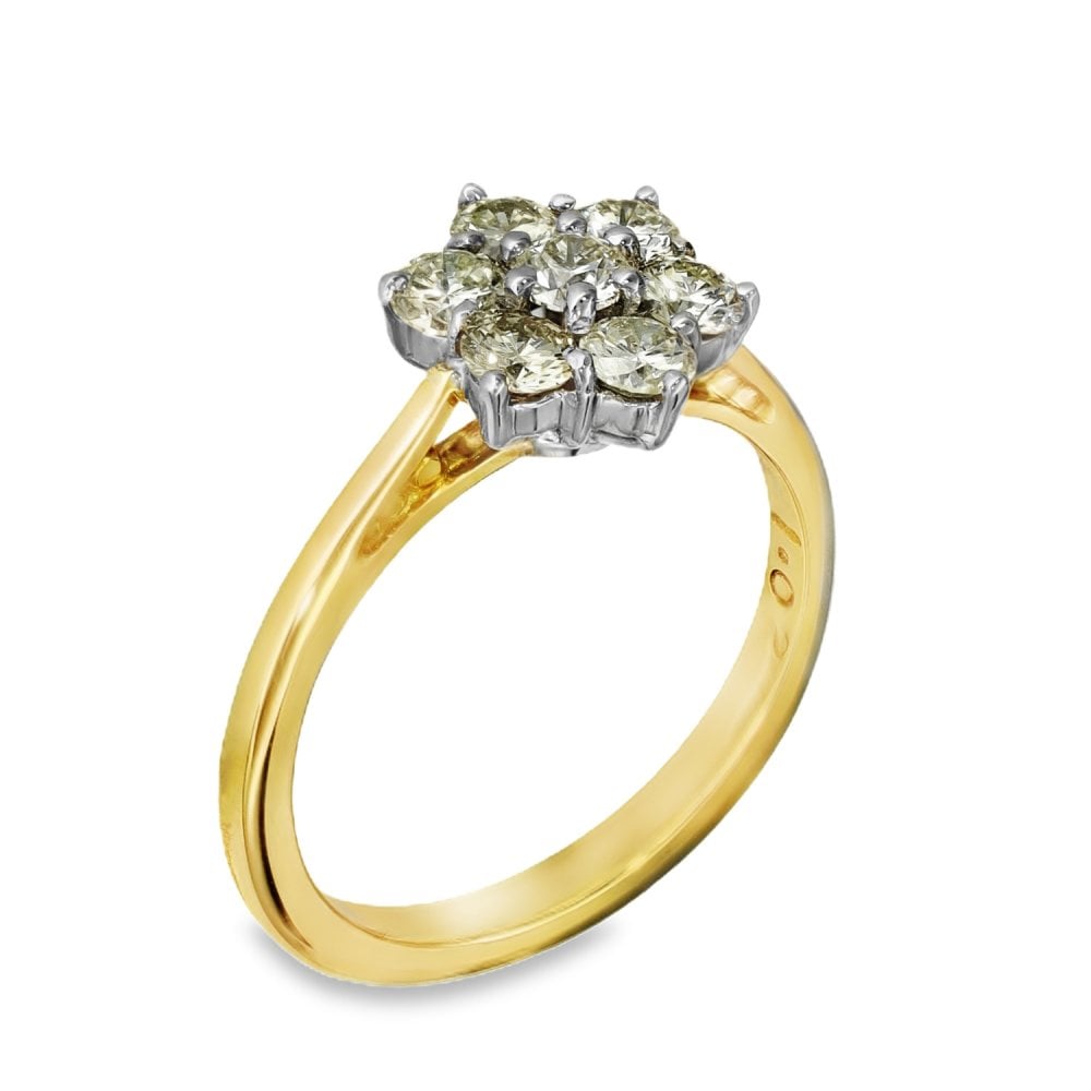 18ct Yellow Gold Diamond Daisy Cluster Ring - Size O - 1.02ct