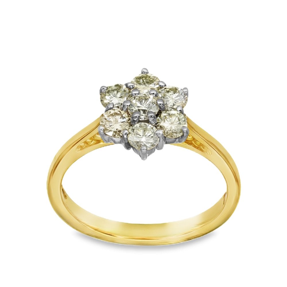 18ct Yellow Gold Diamond Daisy Cluster Ring - Size O - 1.02ct