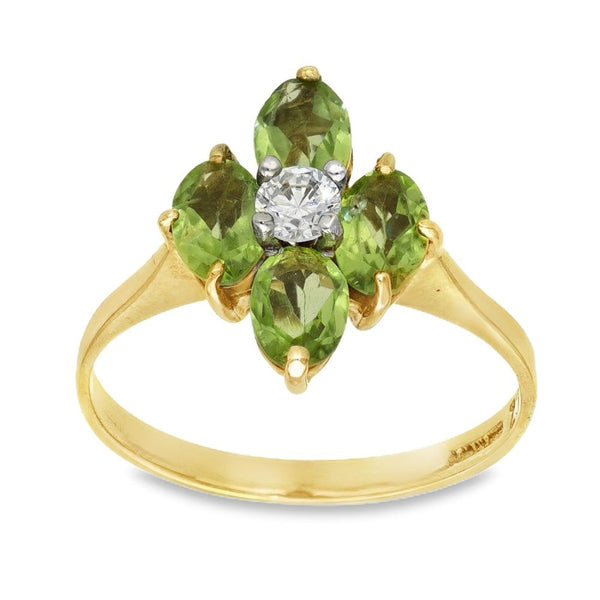 9ct Yellow Gold Peridot & Cubic Zirconia Flower Ring - Size P