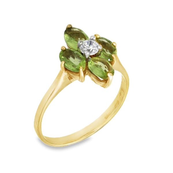 9ct Yellow Gold Peridot & Cubic Zirconia Flower Ring - Size P