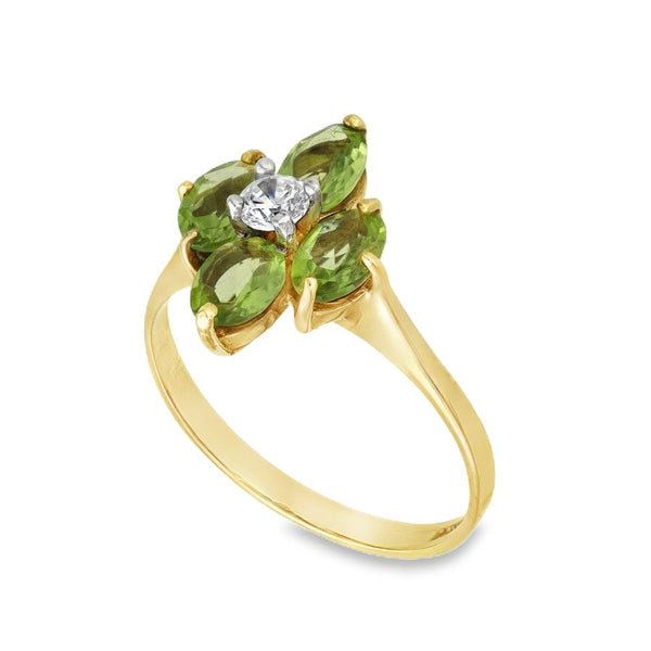 9ct Yellow Gold Peridot & Cubic Zirconia Flower Ring - Size P