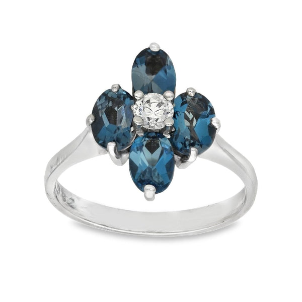 9ct White Gold Blue Topaz & Cubic Zirconia Flower Dress Ring