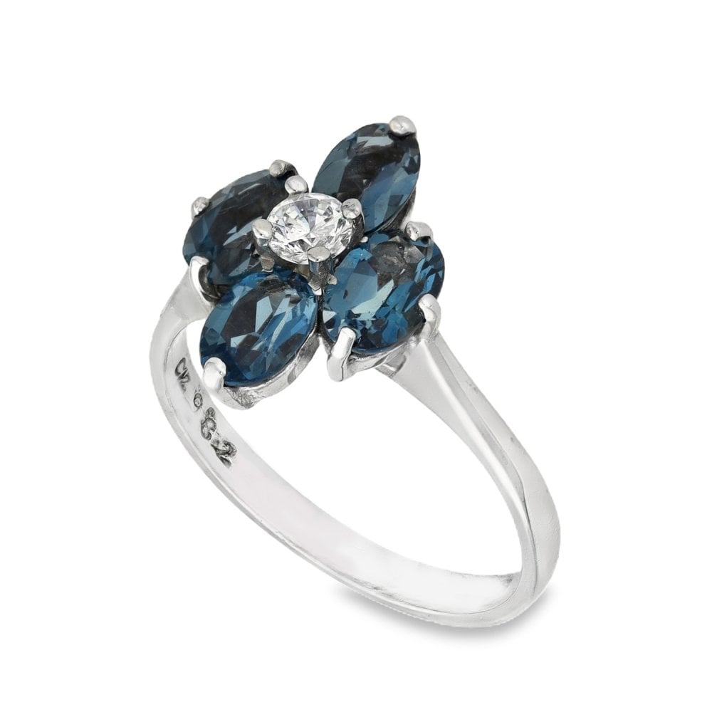 9ct White Gold Blue Topaz & Cubic Zirconia Flower Dress Ring