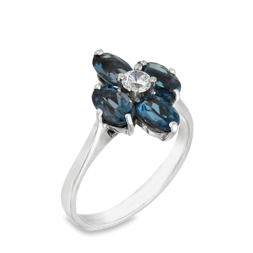 9ct White Gold Blue Topaz & Cubic Zirconia Flower Dress Ring