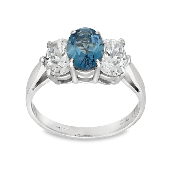 9ct White Gold Oval-Cut Blue Topaz & Cubic Zirconia Trilogy Ring