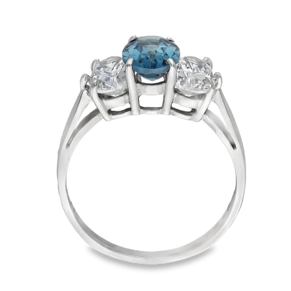 9ct White Gold Oval-Cut Blue Topaz & Cubic Zirconia Trilogy Ring