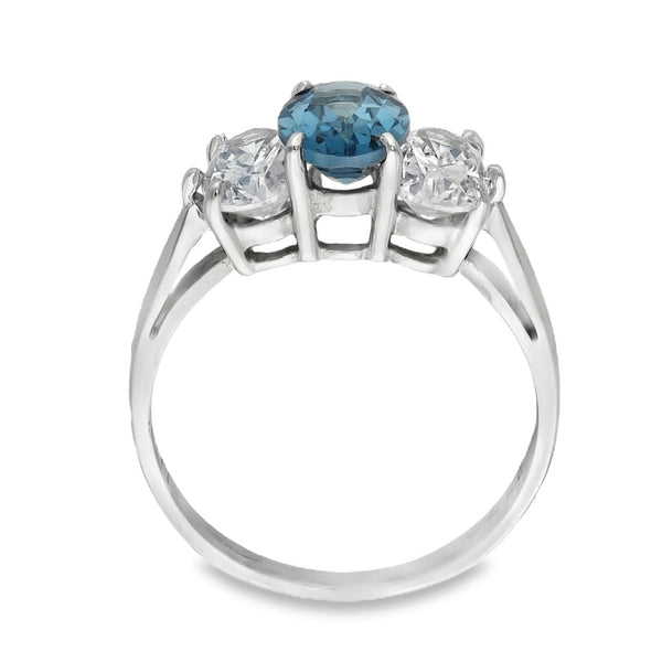 9ct White Gold Oval-Cut Blue Topaz & Cubic Zirconia Trilogy Ring