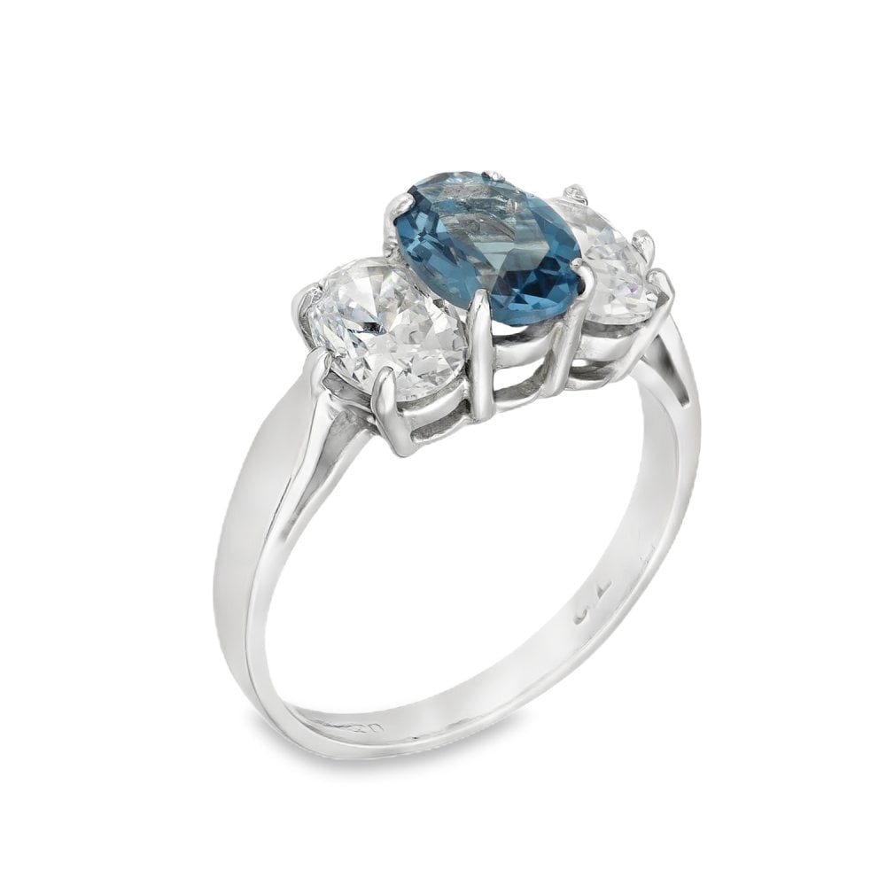 9ct White Gold Oval-Cut Blue Topaz & Cubic Zirconia Trilogy Ring
