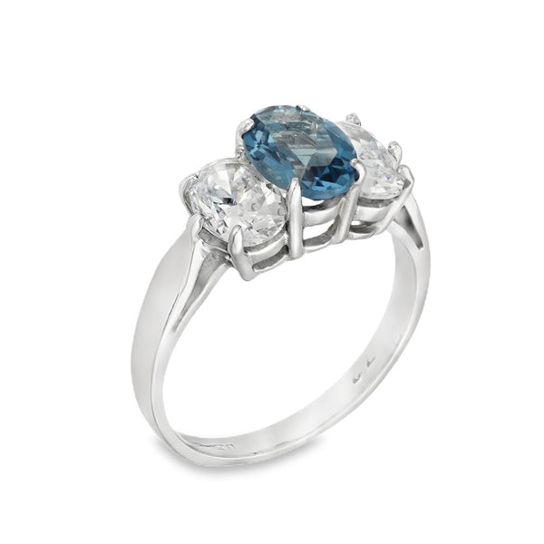 9ct White Gold Oval-Cut Blue Topaz & Cubic Zirconia Trilogy Ring
