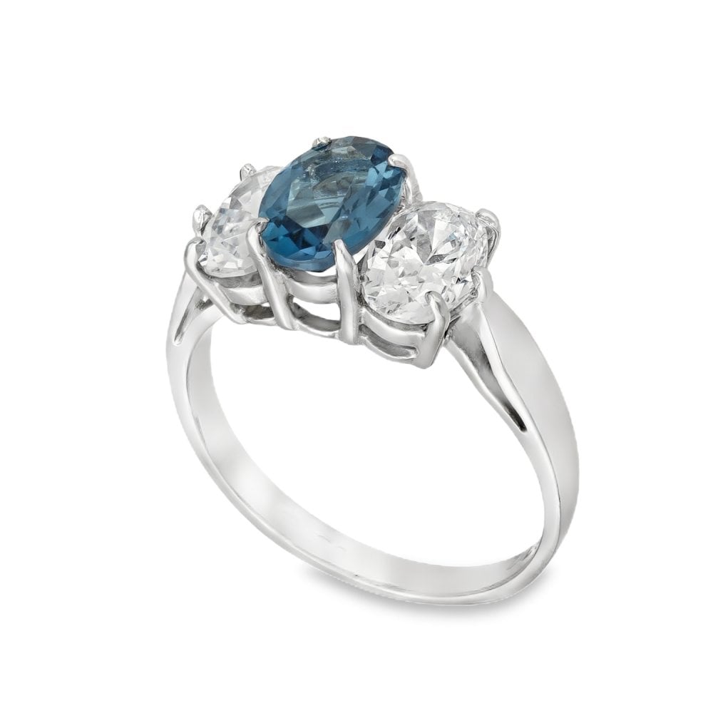9ct White Gold Oval-Cut Blue Topaz & Cubic Zirconia Trilogy Ring