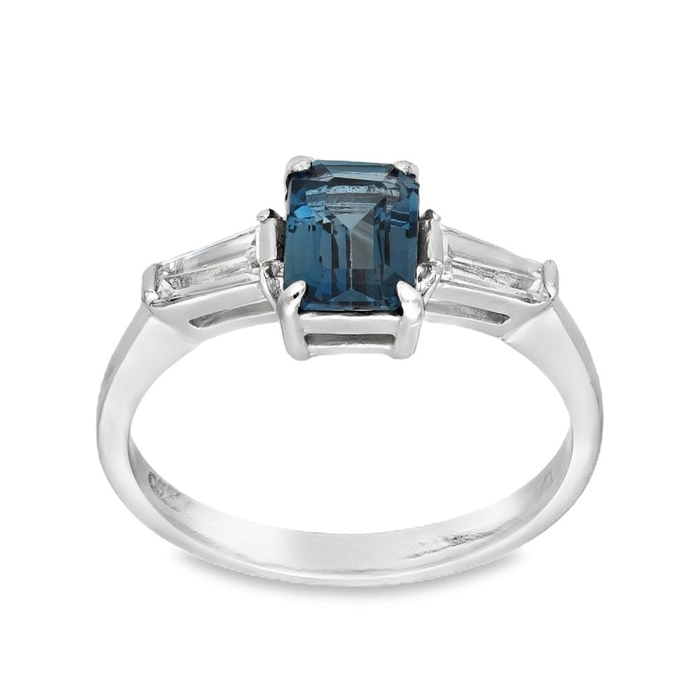 9ct White Gold Blue Topaz & Cubic Zirconia Trilogy Ring - 7mm
