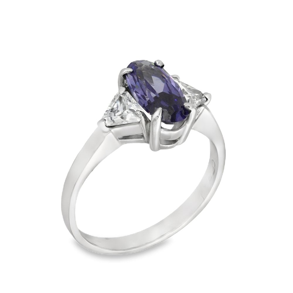 9ct White Gold Oval Blue & Clear CZ Trilogy Ring - Size L½ -2.6g