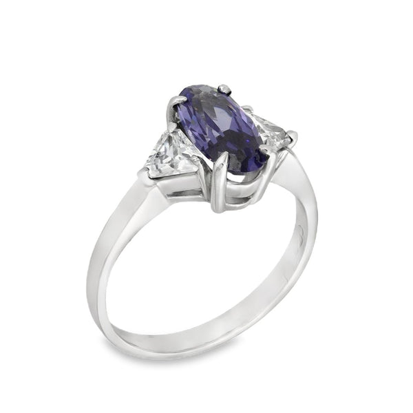 9ct White Gold Oval Blue & Clear CZ Trilogy Ring - Size L½ -2.6g