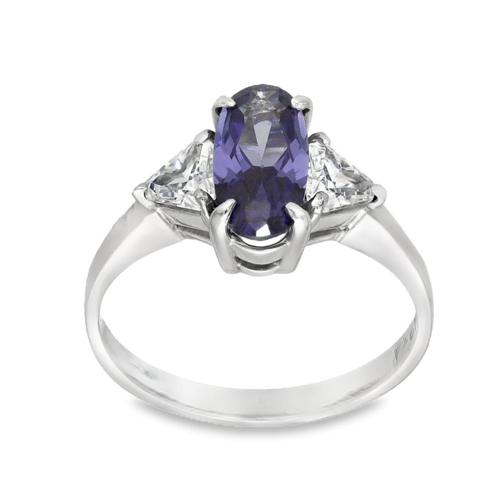 9ct White Gold Oval Blue & Clear CZ Trilogy Ring - Size L½ -2.6g